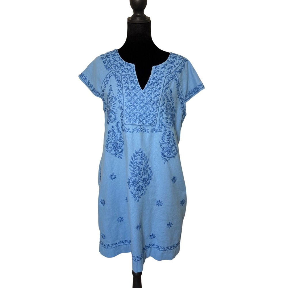 Roller Rabbit Blue Embroidered Cotton V-Neck Faith Dress Lined Pockets Medium